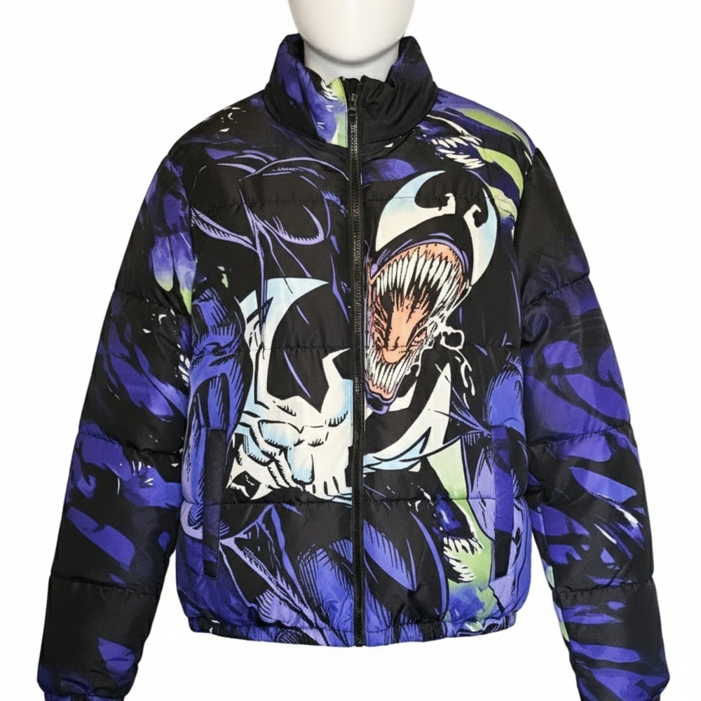 Marvel Venom Puffer Jacket Men's Size Medium Full Zip Graphic Puffy Coat NWT